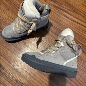 UGG Gray Suede Shearling-Lined Lace-Up Boots with Yellow Accents